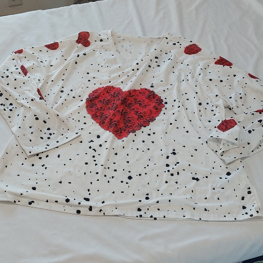 White Long Sleeve Shirt with Red Heart Design - Picture 1 of 6